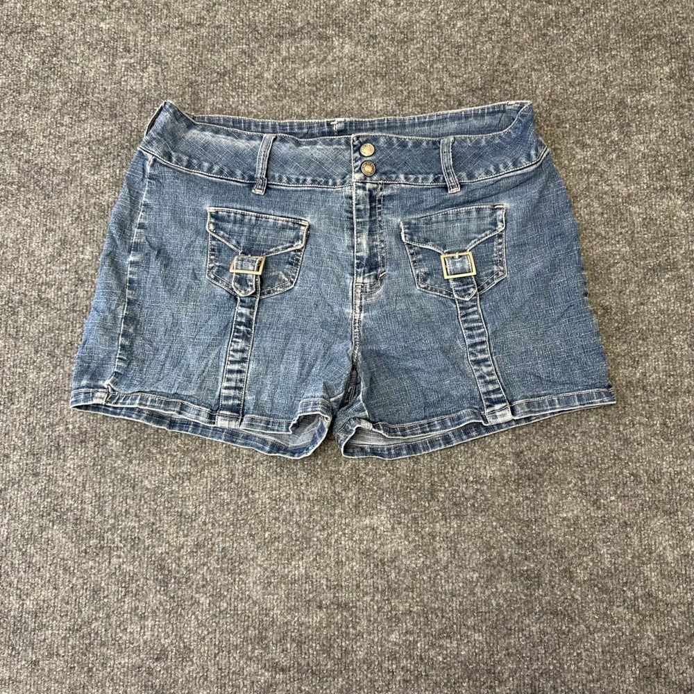 Route 66 Denim Shorts Womens Size 12 Blue Stretch Buckle Pocket Y2K Casual